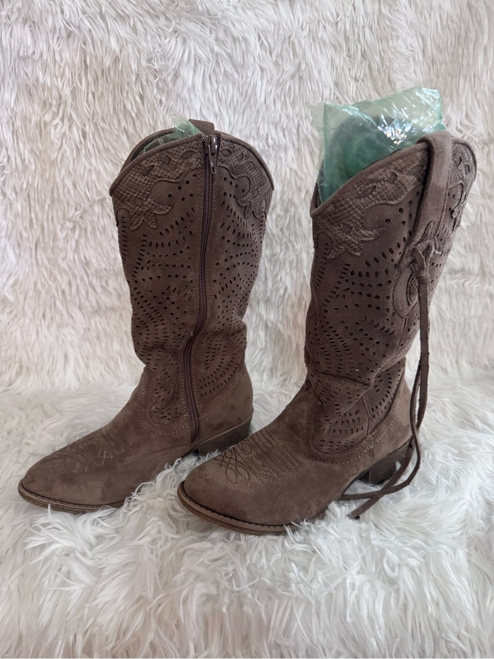 Women's Brown Suede Lace-Up Western Boots with Perforated Detail - Picture 2 of 4
